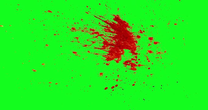Realistic blood spray and droplets splashing on a chroma key green background. Captured on high speed camera, ideal for horror scenes, VFX work and cinematic overlays.