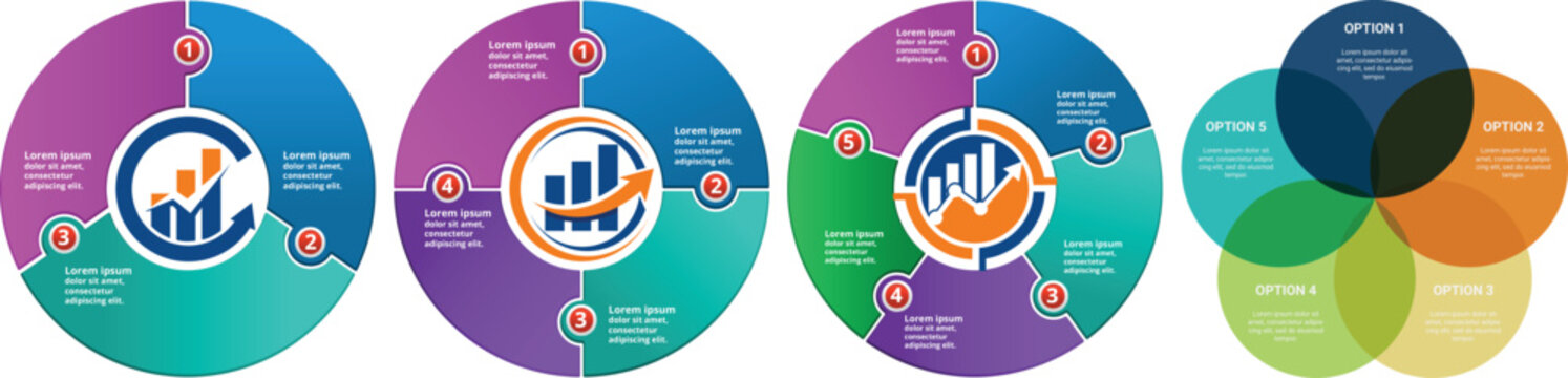 vector circle arrows diagram infographic set. Vector of Circle arrows. infographic set with pie chart. Circular arrows with 3-5 steps, options. Process chart, cycle diagram for business presentation. 