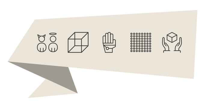 shapes outline icon set. thin line characters, geometry cube, dot square, handle with care icons. editable vector