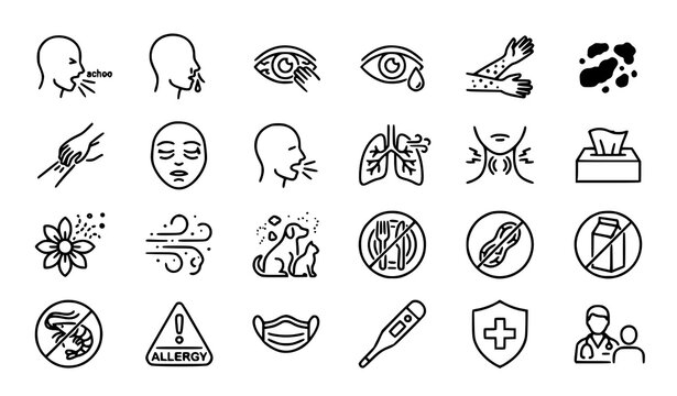 Allergic Reaction Symptoms Outline Icon Set with Allergy Health and Medical Warning Symbols
