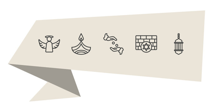 religion outline icon set. thin line angel, dipa, kotel, arabic lamp icons. editable vector