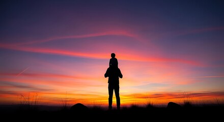 Obraz premium Father and child silhouette against vibrant sunset sky