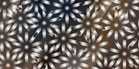 Abstract floral pattern with white daisy shapes on a dark brown background
