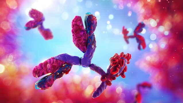 IgG antibody protein structure, Y-shaped immunoglobulin molecule interacting with antigens. Immunology, biotechnology, medical research, immune response, pharmaceutical innovation. 3D scientific image