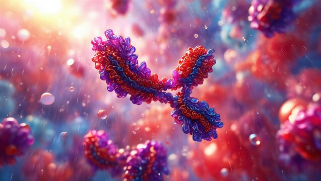 IgG antibody protein structure, Y-shaped immunoglobulin molecule interacting with antigens. Immunology, biotechnology, medical research, immune response, pharmaceutical innovation. 3D scientific image