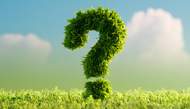 A green question mark shaped by leaves appears against a backdrop of a green field. It symbolizes ecological inquiries, sustainability questions, and concerns about nature conservation.