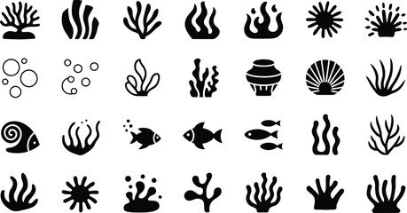 Fototapeta premium Marine Life Silhouette Vector Icon Set Featuring Coral Seaweed Fish Shell Bubbles and Underwater Ocean Elements Collection