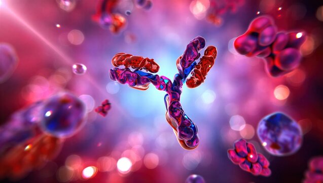 IgG antibody protein structure, Y-shaped immunoglobulin molecule interacting with antigens. Immunology, biotechnology, medical research, immune response, pharmaceutical innovation. 3D scientific image