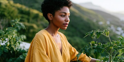 Obraz premium Young woman gardening on a balcony in a yellow dress with green plants and mountain view for lifestyle background and sustainable home gardening banner