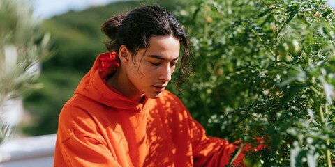Naklejka premium Young man harvesting tomato from balcony garden in orange hoodie for sustainable lifestyle background and poster design