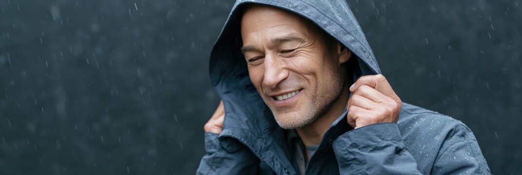 Smiling man in gray raincoat portrait for banner and background use conveying contentment and calm in rainy weather outdoor setting