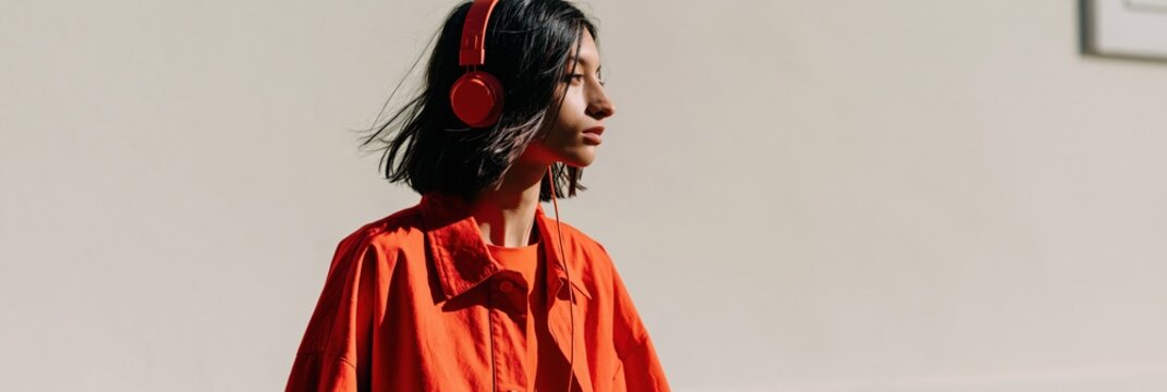 Young person wearing red headphones and orange jacket in profile against plain wall for music lifestyle banner and street portrait background
