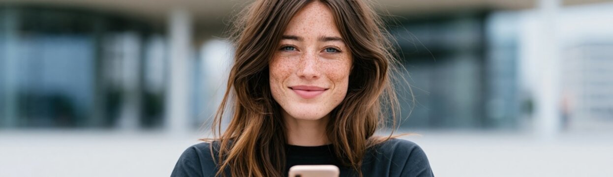 Smiling young woman with freckles holding smartphone close up outdoors urban portrait for banner background and social media design