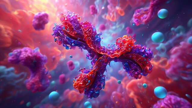 IgG antibody protein structure, Y-shaped immunoglobulin molecule interacting with antigens. Immunology, biotechnology, medical research, immune response, pharmaceutical innovation. 3D scientific image