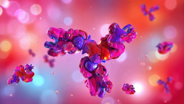 IgG antibody protein structure, Y-shaped immunoglobulin molecule interacting with antigens. Immunology, biotechnology, medical research, immune response, pharmaceutical innovation. 3D scientific image