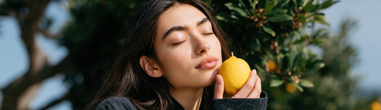 Young woman holding a lemon by a citrus tree portrait for natural wellness background and skincare product banner design