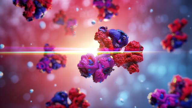 IgG antibody protein structure, Y-shaped immunoglobulin molecule interacting with antigens. Immunology, biotechnology, medical research, immune response, pharmaceutical innovation. 3D scientific image