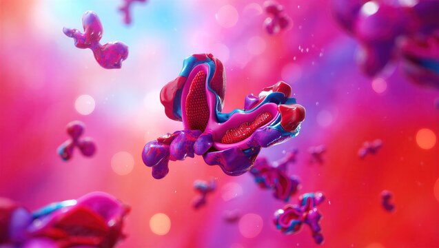 IgG antibody protein structure, Y-shaped immunoglobulin molecule interacting with antigens. Immunology, biotechnology, medical research, immune response, pharmaceutical innovation. 3D scientific image