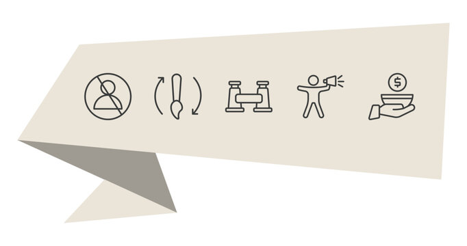 general outline icon set. thin line impeachment, history brush, leader with loudspeaker, poor icons. editable vector