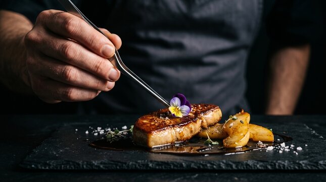  Professional chef hand using culinary tweezers to plate pan-seared foie gras with an edible flower. Gourmet fine dining dish with caramelized pear and dark reduction sauce on a black slate board