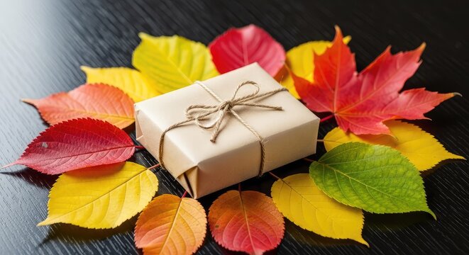 A small parcel wrapped in brown kraft paper and tied with natural twine sits on a dark wooden table surrounded by vibrant autumn leaves, wooden table, biodegradable, package
