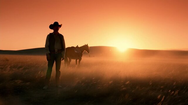Tracking shot of cowboy walking and standing with horse across sunlit grassland plains at golden sunset on open prairie