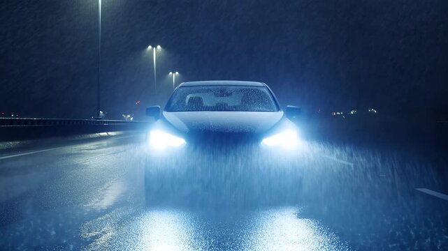 Night drive through heavy rain on highway with glowing car headlights