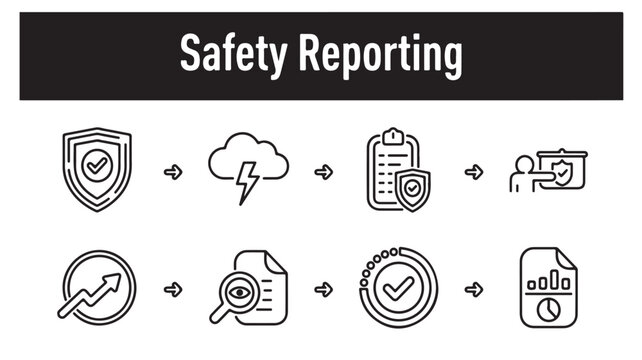 Safety Reporting and Risk Management Line Icons Set for Business Security, Compliance, and Threat Assessment