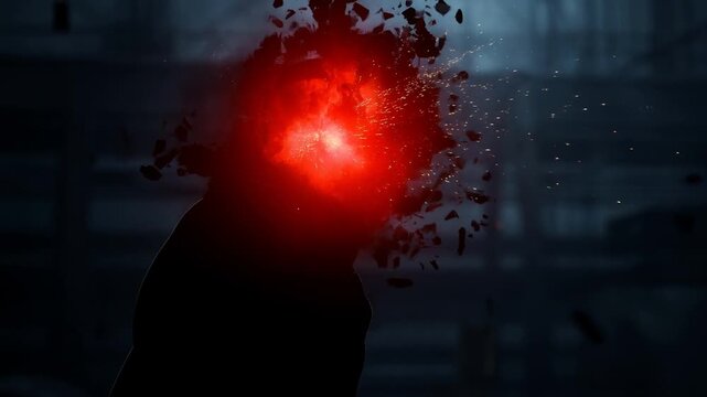 Slow motion static closeup of silhouette man head exploding into red energy burst inside dark industrial warehouse interior