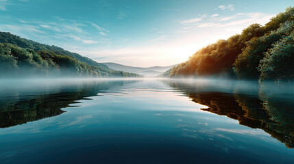 Fototapeta premium Tranquil morning fog drifts gently over still lake water, reflecting the vibrant sunrise and clear sky as distant hills are covered with lush evergreen forest