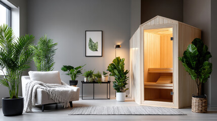 Fototapeta premium Modern home sauna integrated into a clean apartment living space, creating a private wellness sanctuary for everyday relaxation, detox, and self care