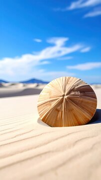 A solitary sand dollar rests on a windswept sand dune under a bright blue sky.