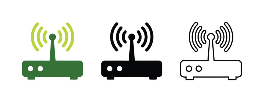 Wireless router and wifi internet signal icon set. Featuring green, solid black, and outline vector icons.