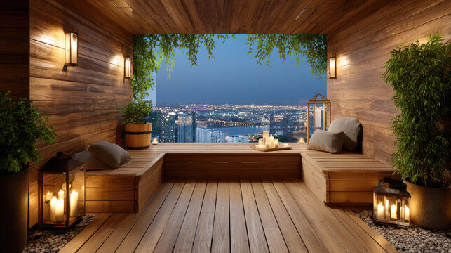 Modern outdoor balcony sauna at dusk with glowing candles, warm wood and stone, plants, and a sweeping cityscape view for an elegant, private urban wellness escape