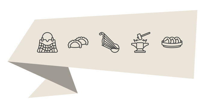 culture outline icon set. thin line crocodile leather bag, meat pie, blacksmith, steamed bread icons. editable vector