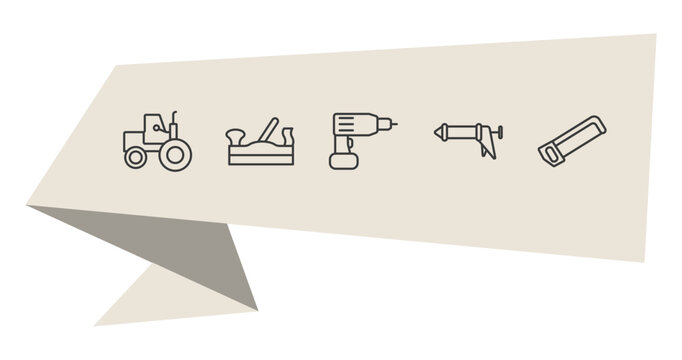 construction outline icon set. thin line steamroller, jack plane, caulk gun, hacksaw icons. editable vector
