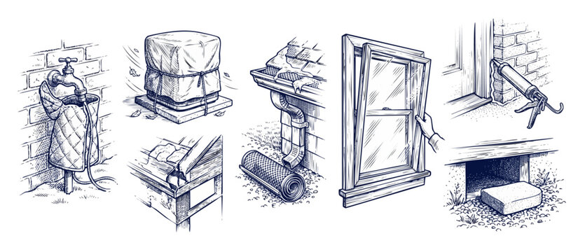 Winterizing house maintenance checklist icons showing outdoor faucet insulation, gutter cover, AC protection, window sealing, caulking, and crawl space vent block in hand drawn engraving sketch style
