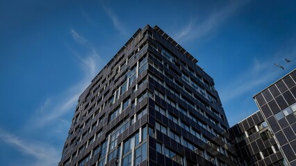Fototapeta premium Modern tall office building covered in solar panels against a bright blue sky with wispy clouds