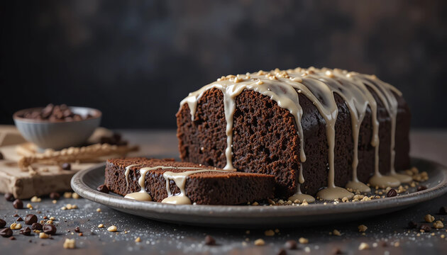 Chocolate pound cake with glossy vanilla drizzle, dark moody background, gourmet bakery scene, high-