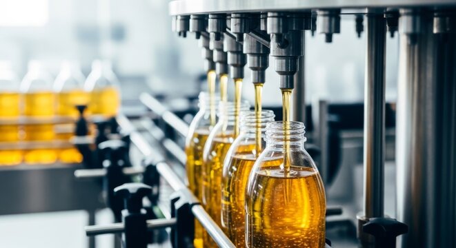 Row of industrial bottling machine nozzles fills transparent glass bottles with golden liquid on conveyor belt in modern factory