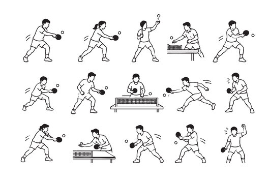 Table tennis players action poses set. Minimalist black and white vector illustration collection featuring athletes serving, forehand and backhand strokes, rally play, receiving, attacking and