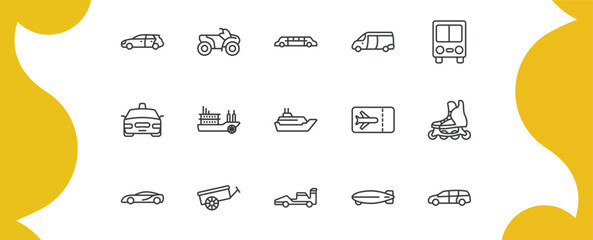 Obraz premium transportation outline icon set. thin line hatchback, all terrain vehicle, van, minivan and more icons. editable vector