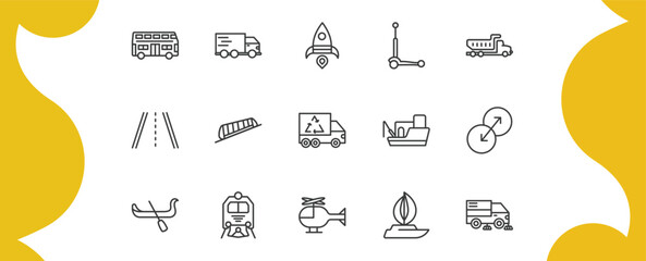 transport outline icon set. thin line double decker bus, free transport, micro scooter, road sweeper and more icons. editable vector © Farahim