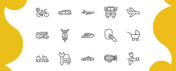 transport outline icon set. thin line bicycle rental, suv, prison bus, car painting and more icons. editable vector © Farahim