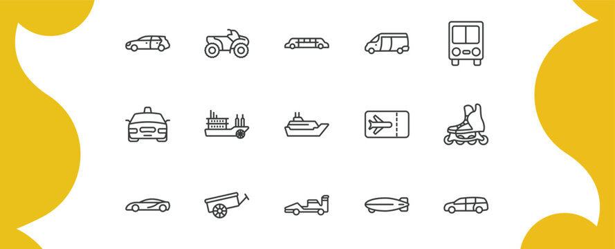 transportation outline icon set. thin line hatchback, all terrain vehicle, van, minivan and more icons. editable vector