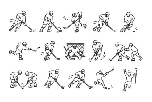 Ice hockey players action poses set. Collection of hockey athletes in different game situations including skating, stickhandling, shooting, passing, faceoff, defending, goalkeeping and celebrating a