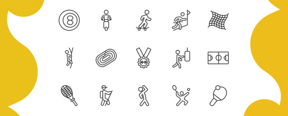 sport outline icon set. thin line ball pool, motorbike riding, winning the race, table tennis and more icons. editable vector © Farahim