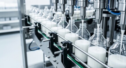 Fototapeta premium Automated production line filling bottles with liquid in a sterile factory environment