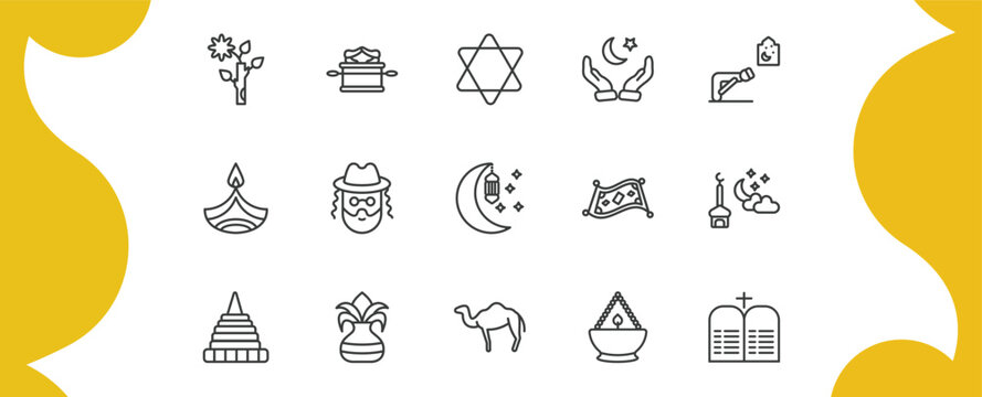 religion outline icon set. thin line budding staff, ark of the convenant, muslim praying hands, commandments and more icons. editable vector