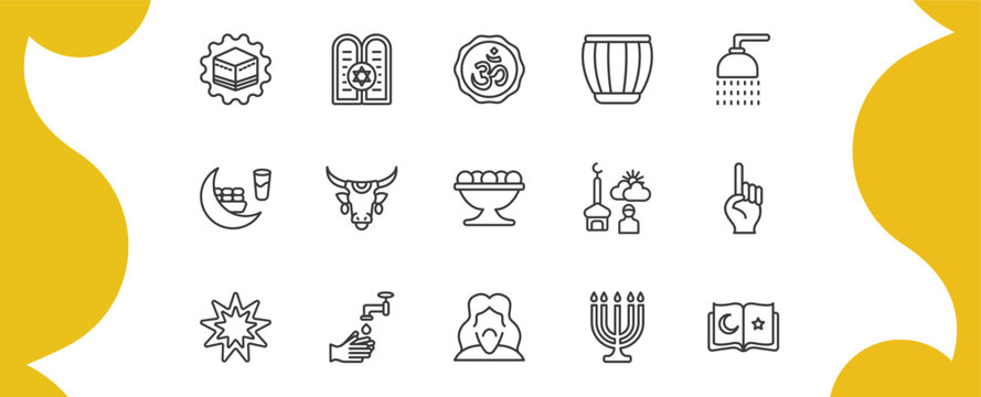 religion outline icon set. thin line kaaba, halakha, tablas, koran and more icons. editable vector